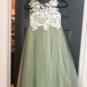 Elegant Green and White Floral Kids Dress